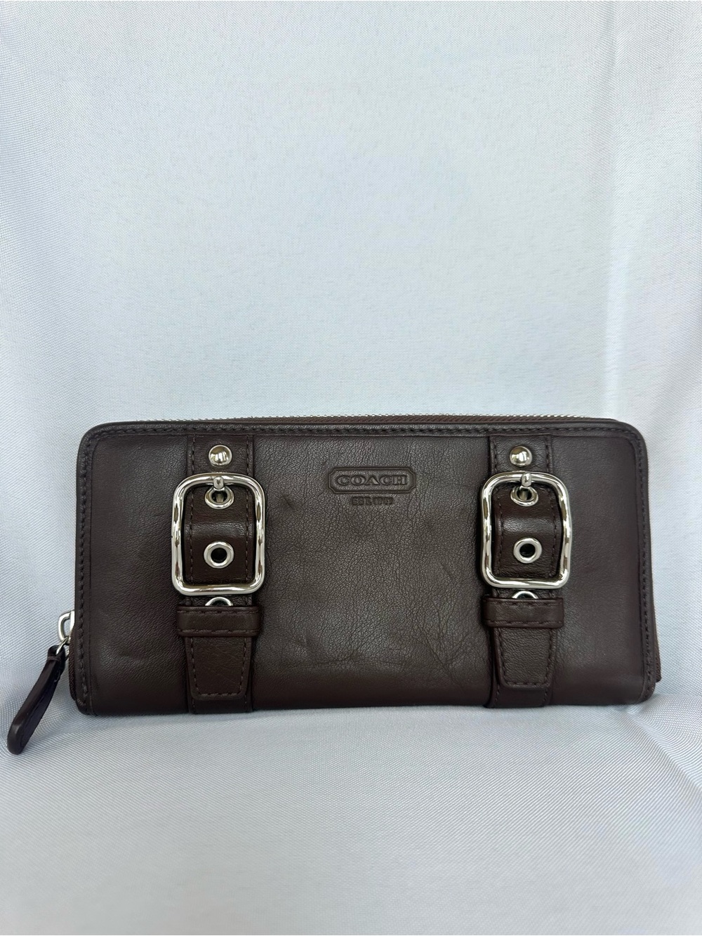 Coach Vintage Zoe Brown Leather Wallet with Silver Hardware and Double Buckle